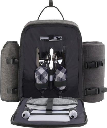 Picnic Backpack for 2 Person W/ Detachable Bottle/Wine Holder, Fleece Blanket, Plates and Cutlery Set (Grey)