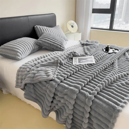 Solid Color Thickened Striped Polyester Blanket - Multifunctional for Bed Cover, Nap, and Pet Use, Durable and Soft