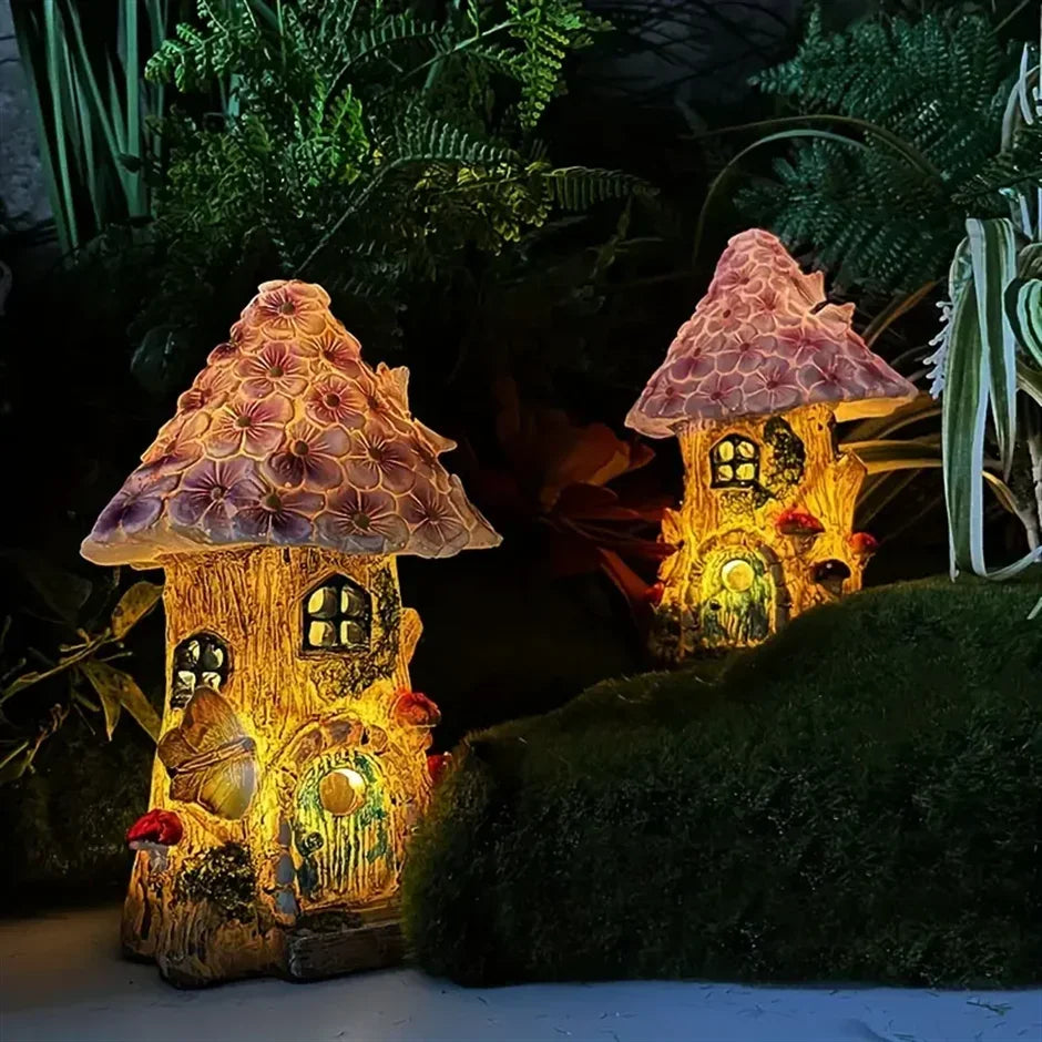 Solar Fairy Garden House Statue - Outdoor Light-Up Mushroom Figurine, Resin Lawn Decorations, Miniature Fairies House for Yard, Garden