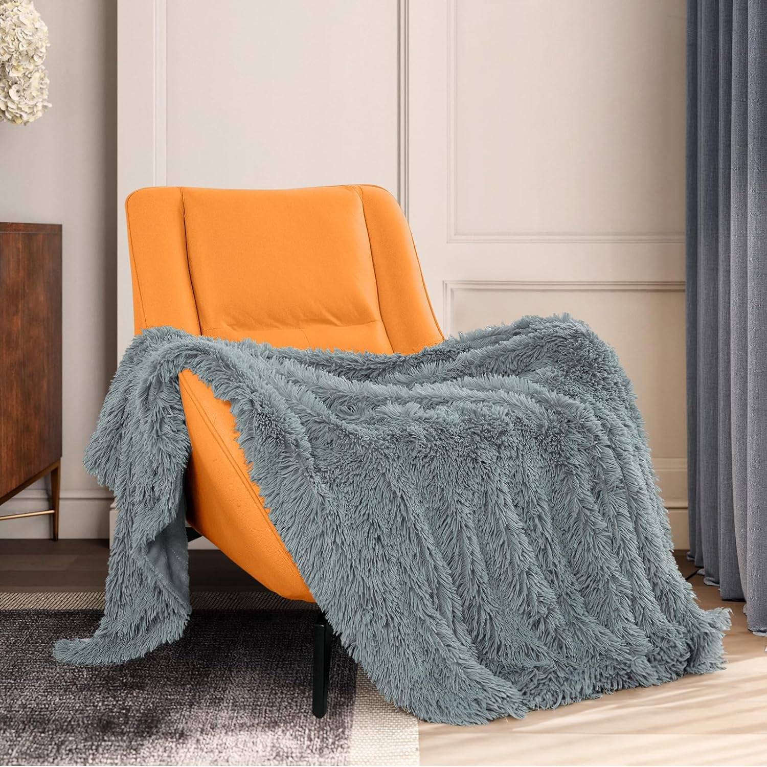 Extra Soft Fuzzy Faux Fur Throw Blanket 50"X60", Reversible Lightweight Fluffy Cozy Plush Comfy Microfiber Fleece Decorative Shaggy Blanket for Couch Sofa Bed, Blue Grey