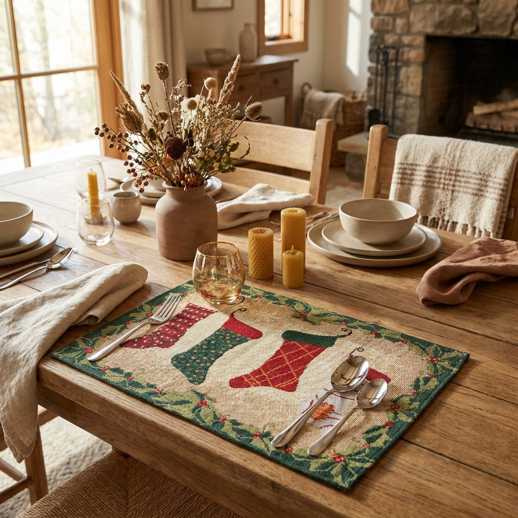 Cotton Polyester Placemat Set, Festive Stocking Design (Set of 4)