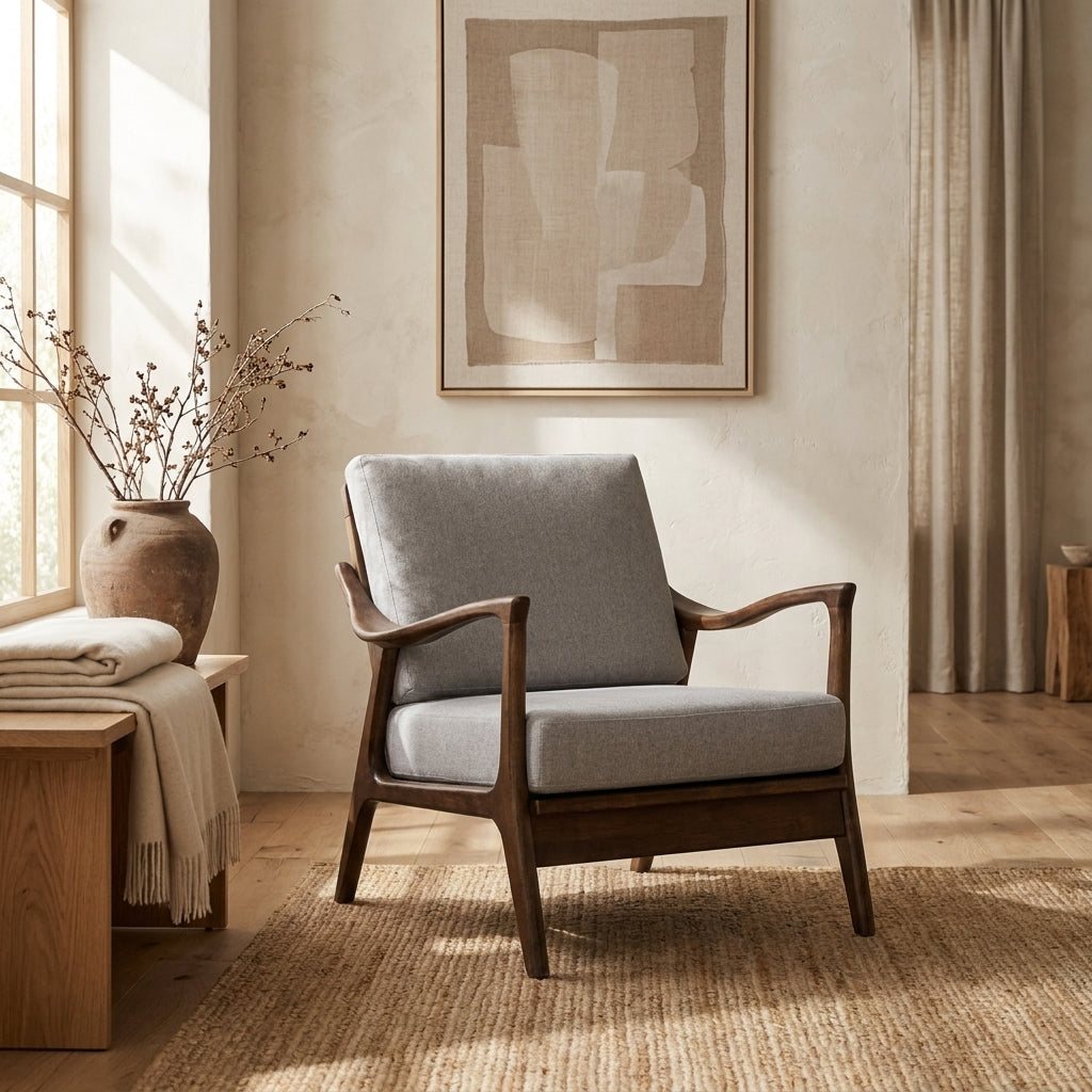Hardwood Lounge Chair with Light Gray Fabric
