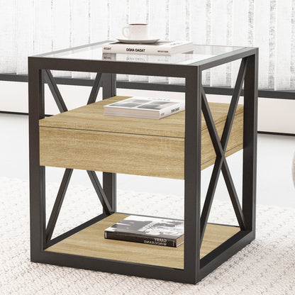 Modern End Tables with Drawer - Set of 2 Nightstands with Tempered Glass Top
