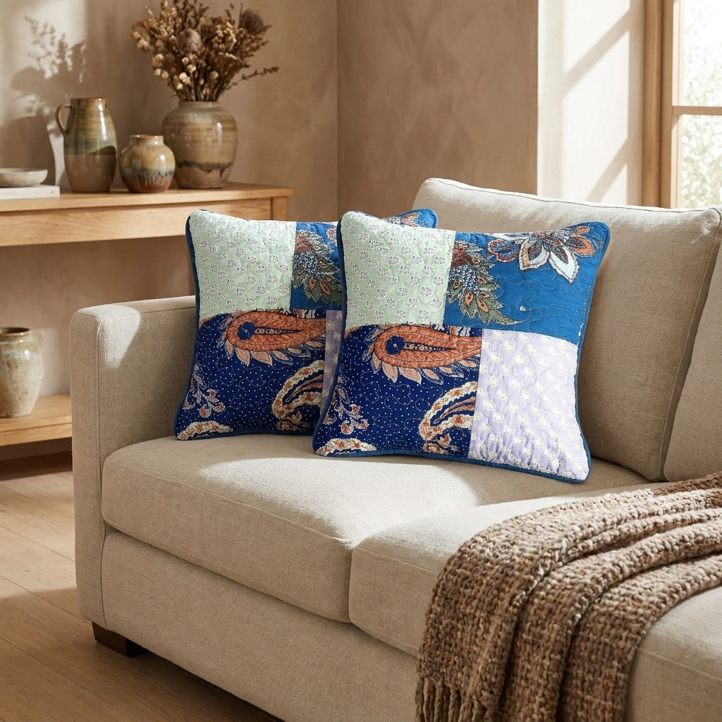 Cotton Patchwork Paisley Cushion Covers, Set of Two (18x18)