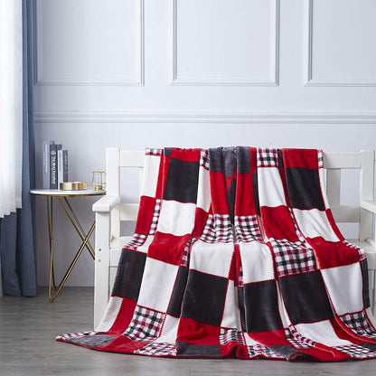 Tache Holiday Red Farmhouse Plaid Patchwork Flannel Throw Blanket (4025)