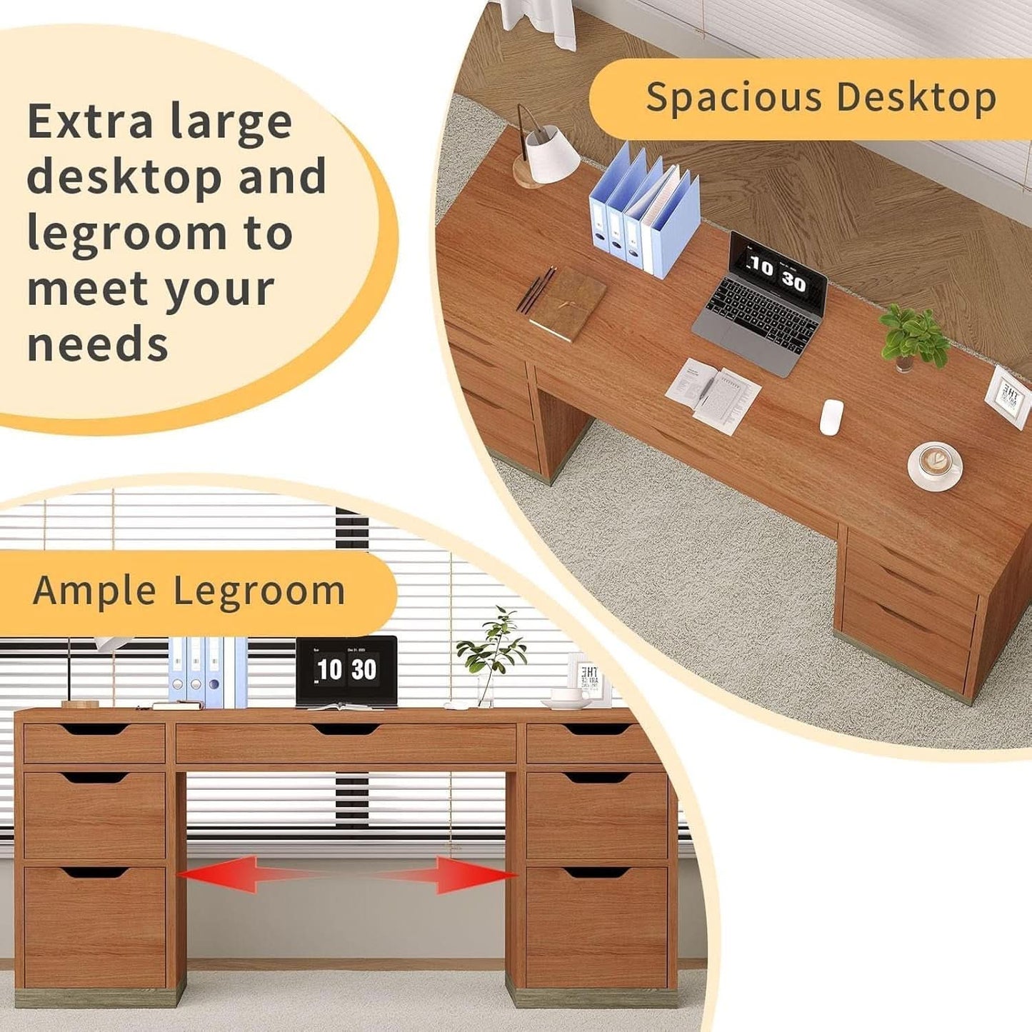 54 Inch Walnut Finish Executive Desk With Seven Drawers