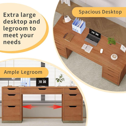 54 Inch Walnut Finish Executive Desk With Seven Drawers
