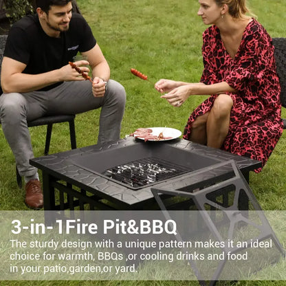 3 in 1 Patio Fire Pit - Outdoor Square Steel Table, Charcoal Grill, and Fire Pit Combo for Courtyard and Camping, Family-Friendly, 32x32 inches