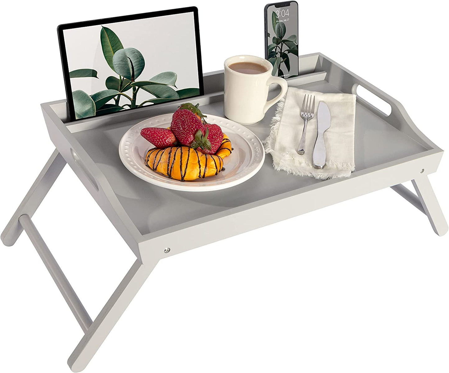 Wood Bed Tray, Lap Desk with Phone Holder - Fits up to 17.3 Inch Laptops and Most Tablets - Calming Gray - Style No. 78105