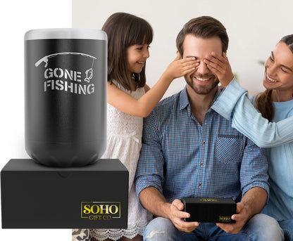 Fishing Beer Can Holder - Double Wall Vacuum Insulated Can Cooler, Powder Coated Stainless Steel "Gone Fishing"