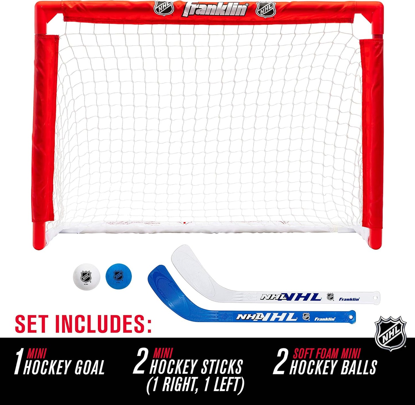 Franklin Sports NHL s Mini Hockey Set - Includes 1 Knee Hockey Goal - 2 Mini Hockey Sticks + 2 Foam Balls - Indoor Mini Hockey Goal + Sticks Set