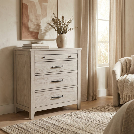 Aria 3-Drawer Nightstand in Weathered White with Pull-Out Shelf