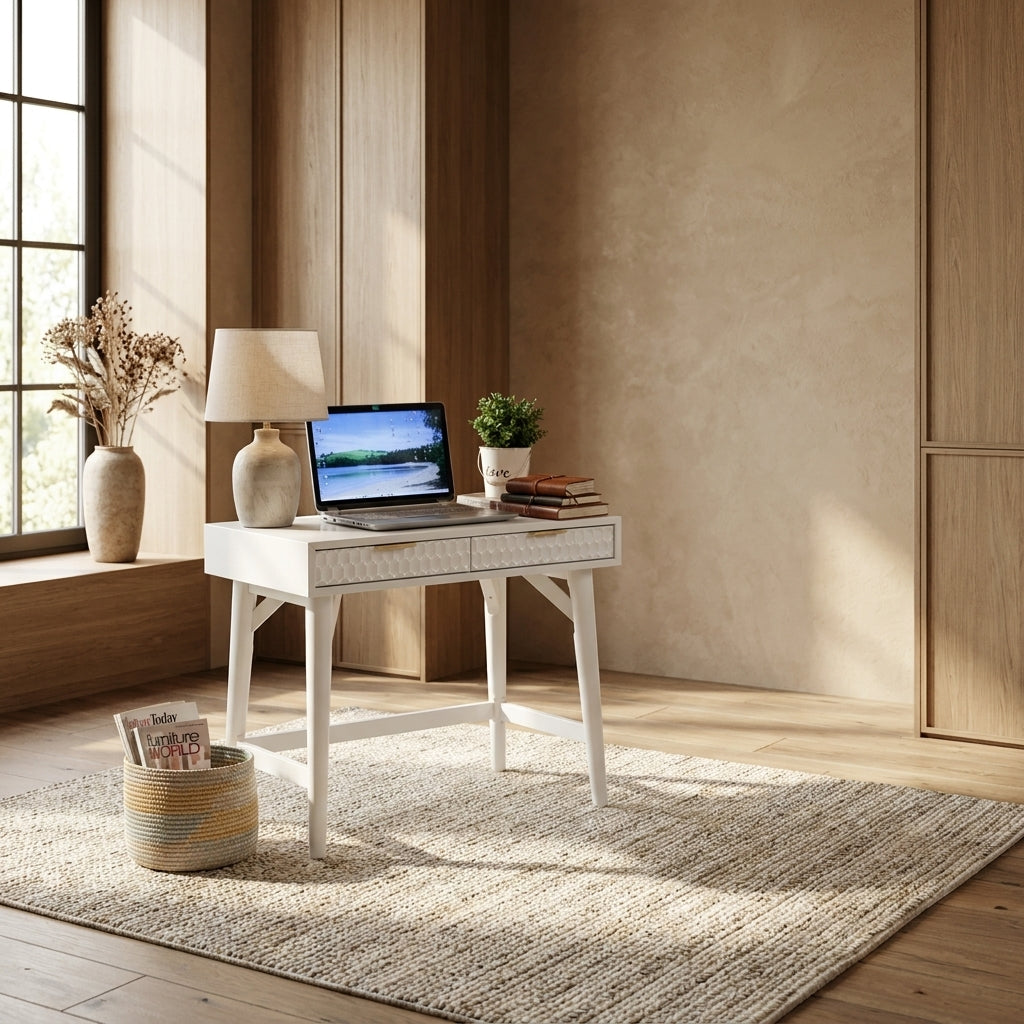 White Pearl Mini Desk with 2 Drawers and Gold Accent Handles