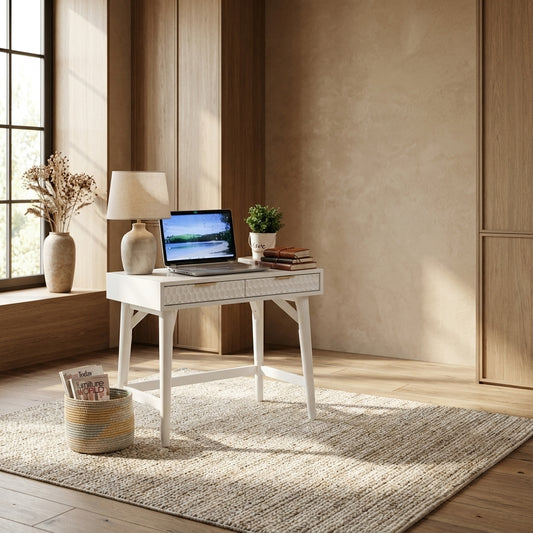 White Pearl Mini Desk with 2 Drawers and Gold Accent Handles