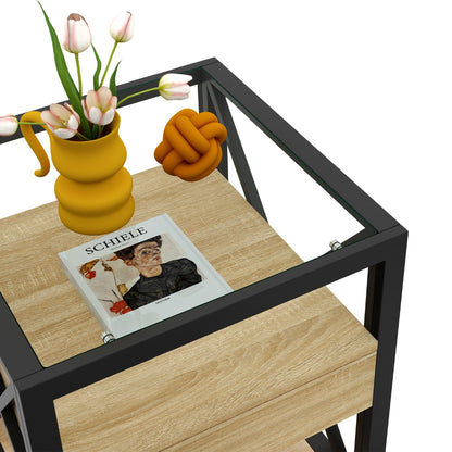 Modern End Tables with Drawer - Set of 2 Nightstands with Tempered Glass Top