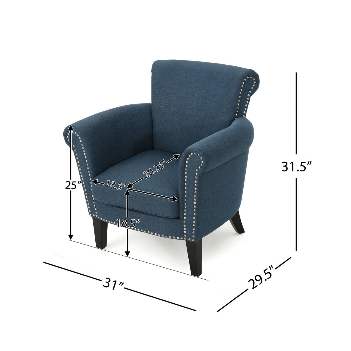Elegant Navy Blue Fabric Club Chair with Nailhead Trim and Birch Wood Legs