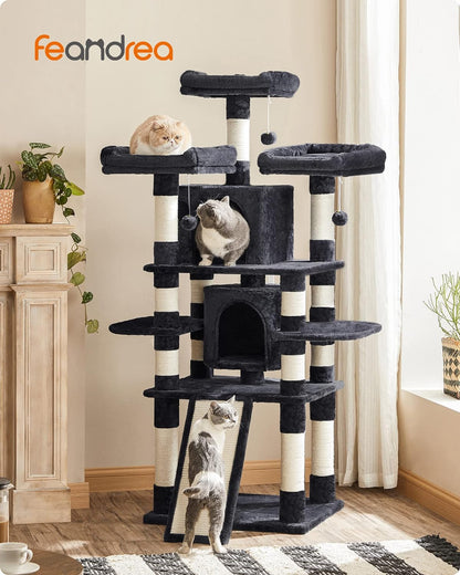 67-Inch Multi-Level Cat Tree for Large Cats, with Cozy Perches, Stable, Smoky Gray UPCT18G