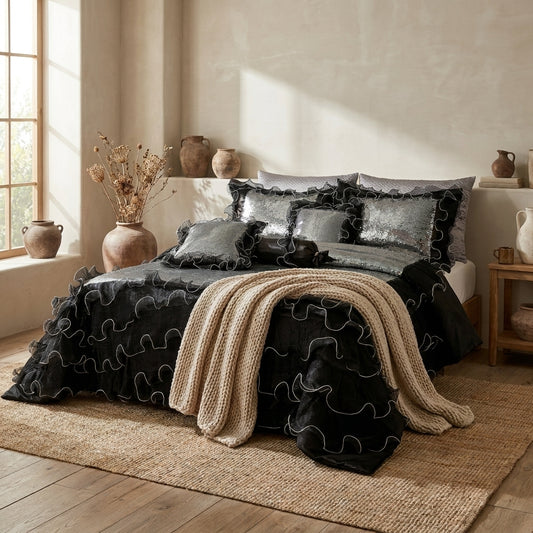 Black Organza Ruffle & Sequin Polyester 6-Piece Comforter Set
