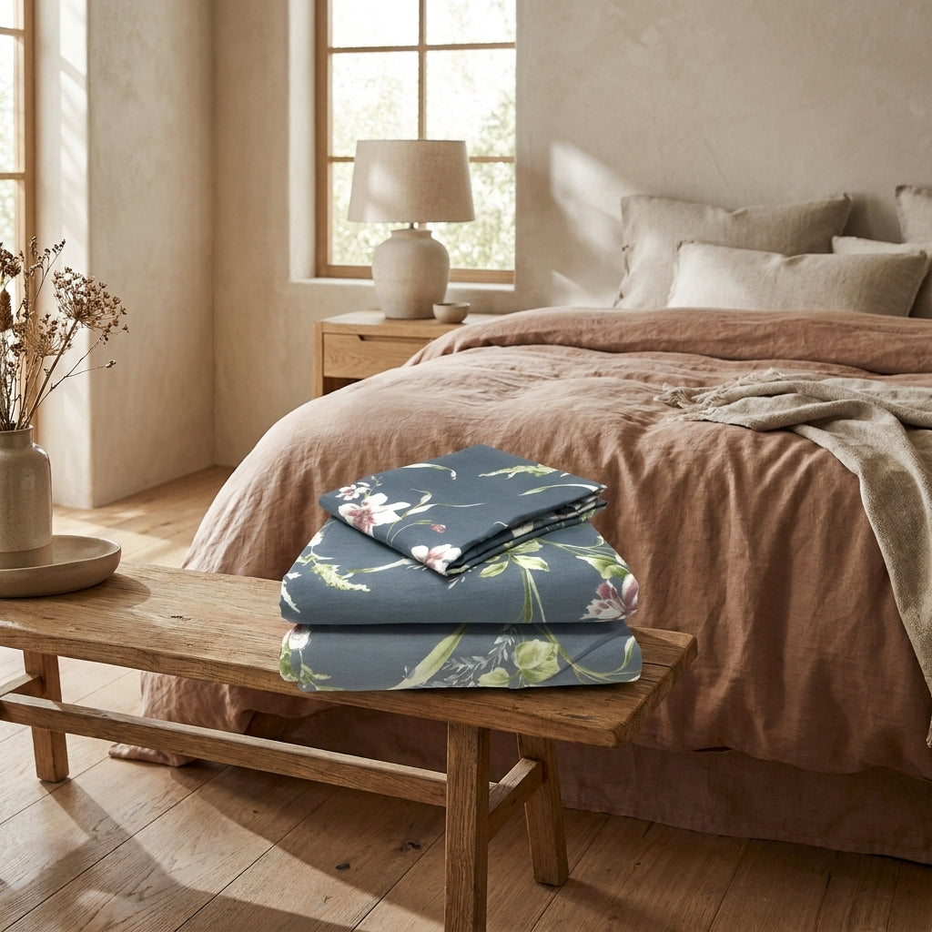 Cotton Cherry Blossom Floral Flat Sheet in Grey
