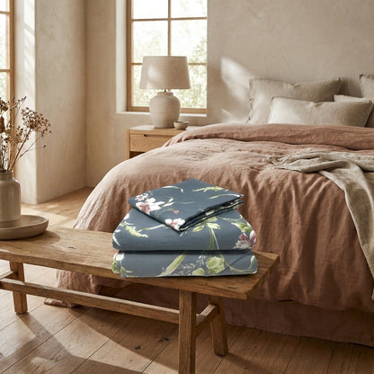 Cotton Cherry Blossom Floral Flat Sheet in Grey