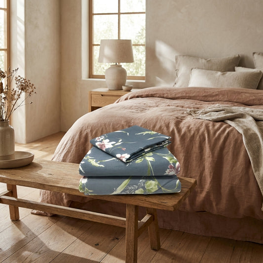 Cotton Cherry Blossom Floral Flat Sheet in Grey