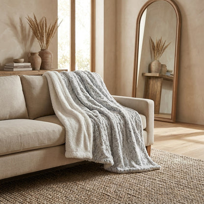 Faux Fur Snowy Owl Throw Blanket in Bluish Gray and Ivory White