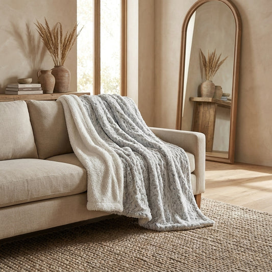 Faux Fur Snowy Owl Throw Blanket in Bluish Gray and Ivory White