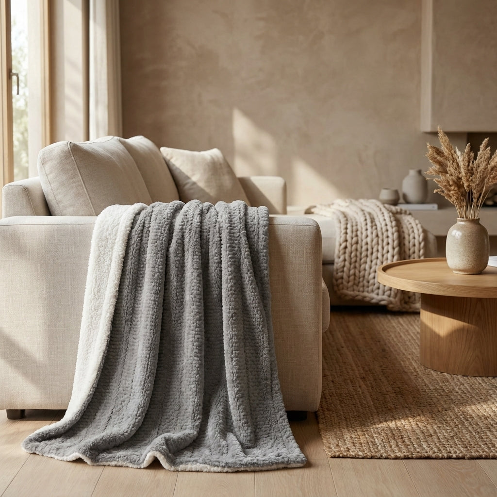 Dark Gray Faux Fur Throw Blanket with Bubble Texture & Stripes