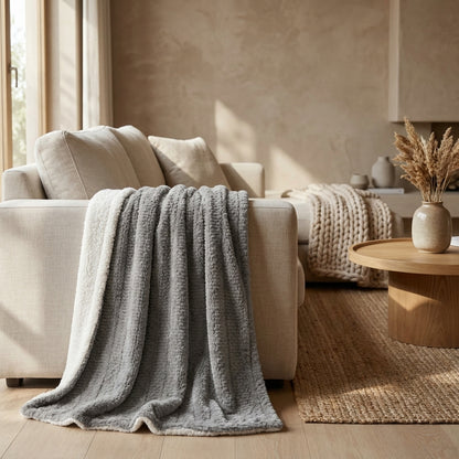 Dark Gray Faux Fur Throw Blanket with Bubble Texture & Stripes
