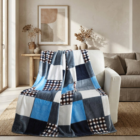 Tache Blue Lake Farmhouse Super Soft Plaid Patchwork Throw Blanket (4024)