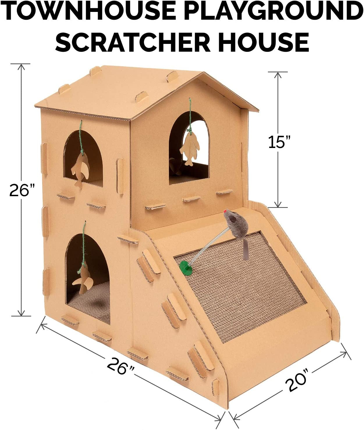 Multi-Level Cardboard Cat House W/ Catnip for Indoor Cats, Ft. Scratching Pads & Toys - Townhouse Corrugated Cat Scratcher Hideout - Cardboard Brown, One Size