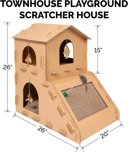Multi-Level Cardboard Cat House W/ Catnip for Indoor Cats, Ft. Scratching Pads & Toys - Townhouse Corrugated Cat Scratcher Hideout - Cardboard Brown, One Size