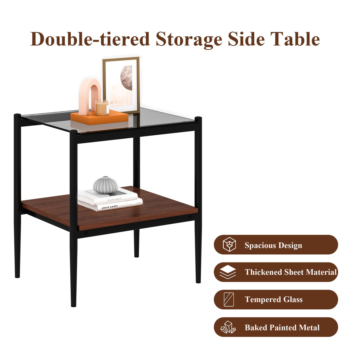 Rectangle End Table Set with Gray Tempered Glass Tops - Gray