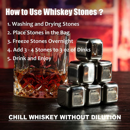 Whiskey Stones Gift Set - Whiskey Glass Set of 2 - Stainless Steel Chilling Whiskey Cubes - Scotch Bourbon Whiskey Glass Gift Box Set - Best Drinking Gift for Men Dad Husband Birthday Holiday Present