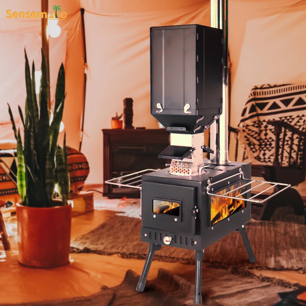 Windproof Portable Outdoor Pellet Wood Heater with Large Fuel Tank and Burner Stove Bin, Ideal for Camping and Tent Heating