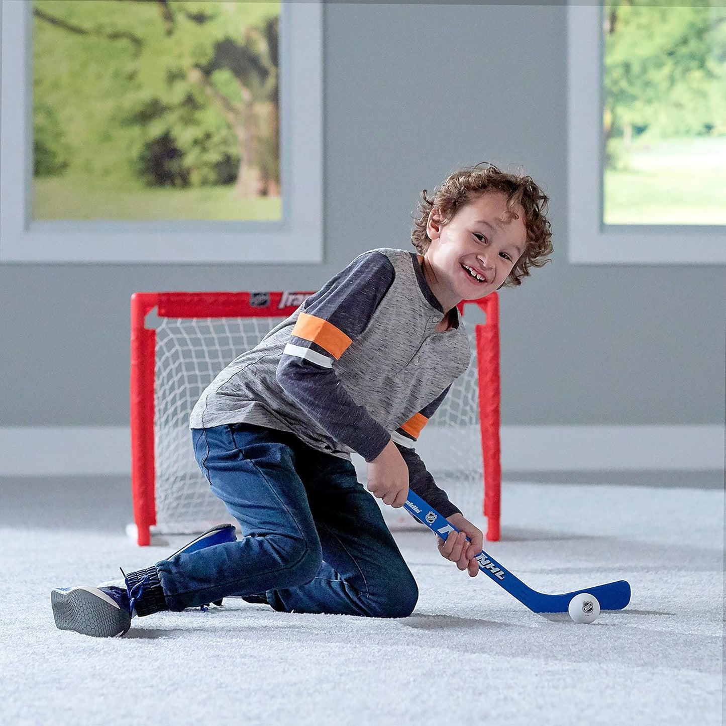 Franklin Sports NHL s Mini Hockey Set - Includes 1 Knee Hockey Goal - 2 Mini Hockey Sticks + 2 Foam Balls - Indoor Mini Hockey Goal + Sticks Set