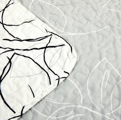Tache Modern Abstract Leaf Line Art Foliage White Grey Black Gold Reversible Quilted Throw (TJ3571)