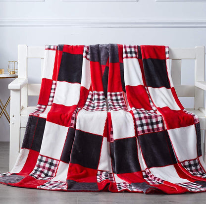 Tache Holiday Red Farmhouse Plaid Patchwork Flannel Throw Blanket (4025)