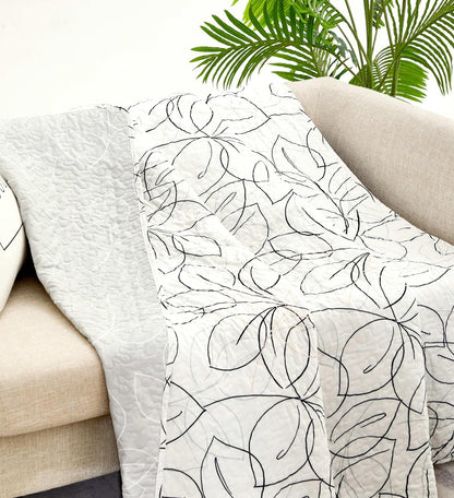 Tache Modern Abstract Leaf Line Art Foliage White Grey Black Gold Reversible Quilted Throw (TJ3571)