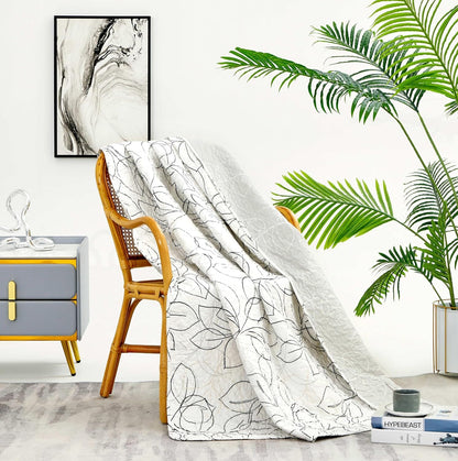 Tache Modern Abstract Leaf Line Art Foliage White Grey Black Gold Reversible Quilted Throw (TJ3571)