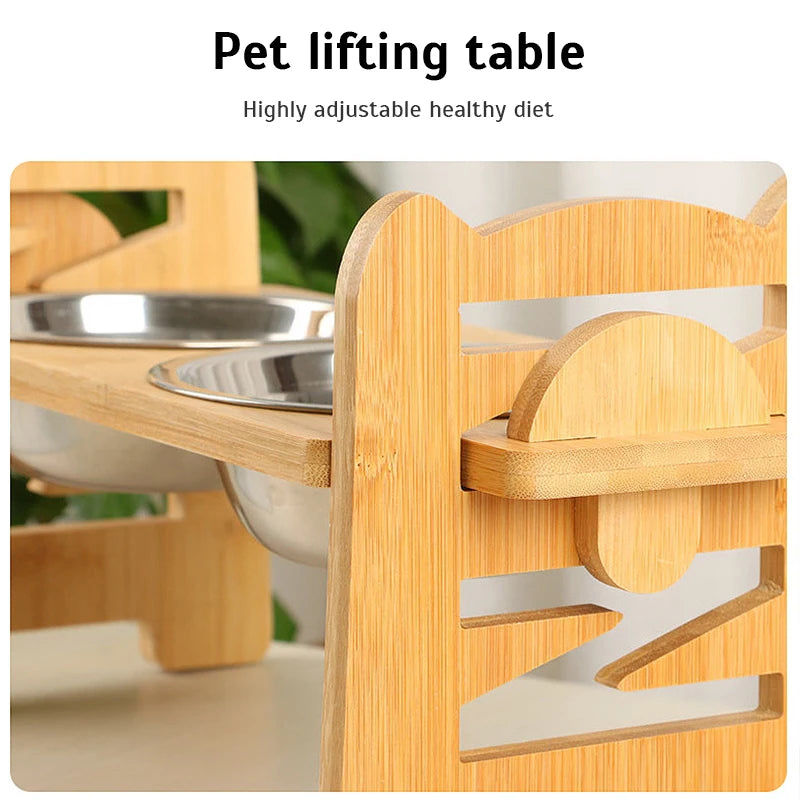 Adjustable Elevated Dog Bowls - Bamboo Stand with Tilted Stainless Steel Bowls for Small to Medium Dogs and Cats, 700ml