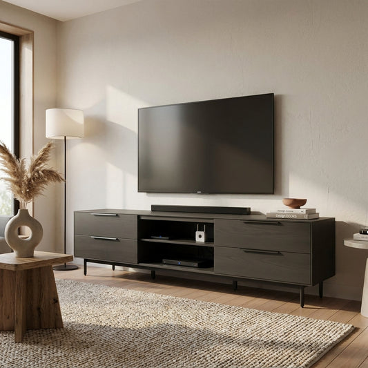 Akira TV Console with Dovetail Drawers and Open Shelves, Black