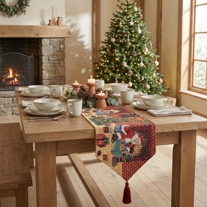 Cotton Blend Festive Table Runner, Santa Claus Preparations