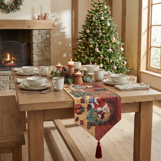 Cotton Blend Festive Table Runner, Santa Claus Preparations