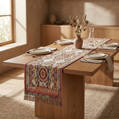 Tache Elegant Ivory Colorful Ornate Paisley Woven Tapestry Table Runner (18193)