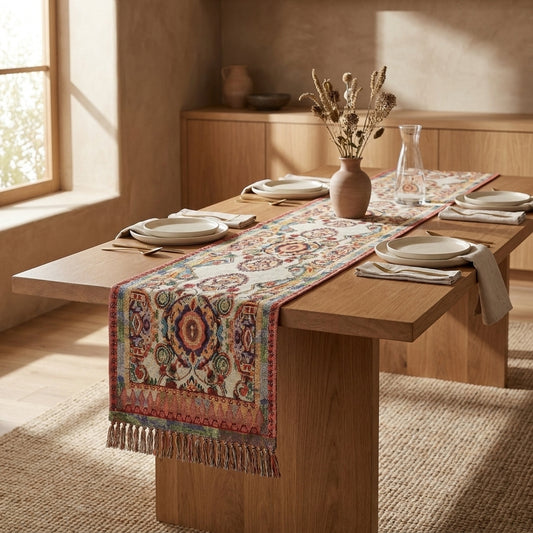 Tache Elegant Ivory Colorful Ornate Paisley Woven Tapestry Table Runner (18193)