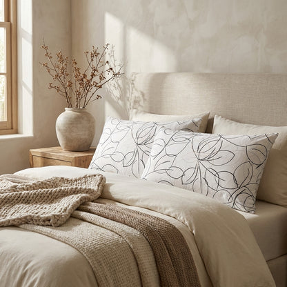 Tache Modern Abstract Leaf Line Art Foliage White Grey Black Gold Pillowcases (TJ3571)