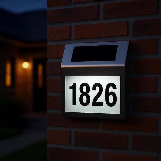 Solar LED Address Sign – Stainless Steel House Number Light with White LEDs, Waterproof, Customizable Numbers & Letters, Auto On/Off, 7.86 x 7.07 Inches