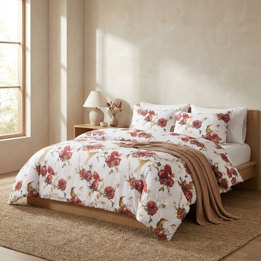 Tache Floral Hummingbirds Burgundy White Vintage Rose Garden Reversible Duvet Cover (SD-7676)