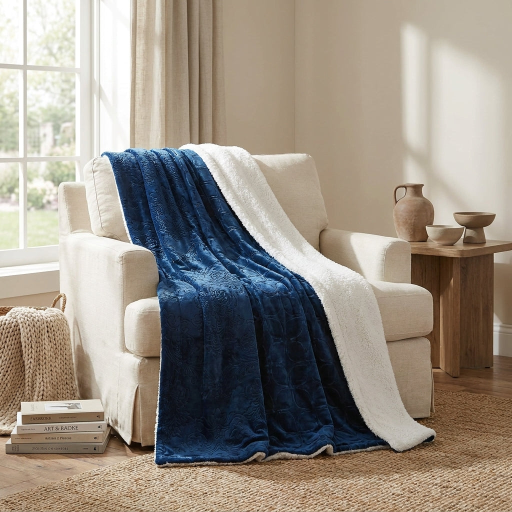 Embossed Sherpa Microfleece Throw Blanket, Night Blue